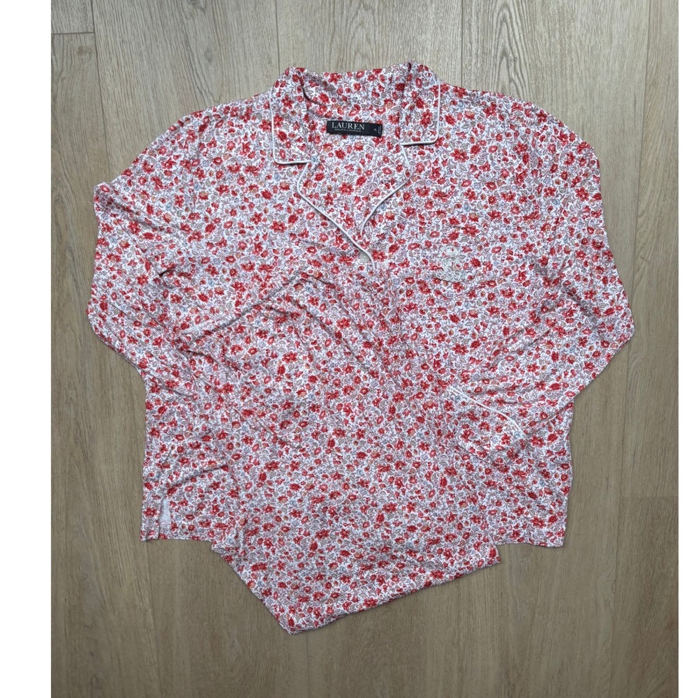 Lauren Ralph Lauren Red Floral Pajama Set XL Long Sleeve Button Down Sleepwear